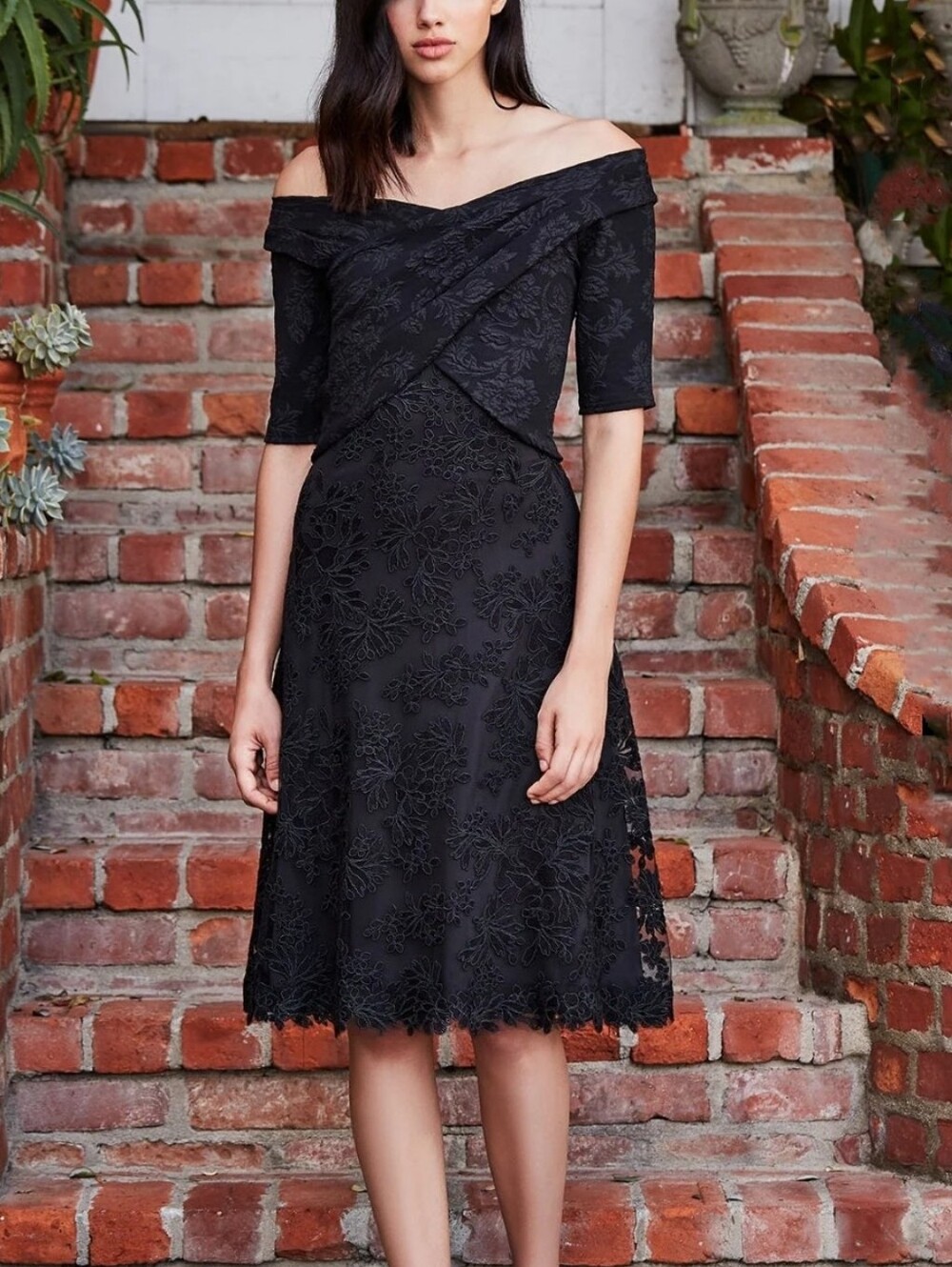 Tadashi Shoji Dorian Jacquard Lace Crossover Bodice Cocktail Dress